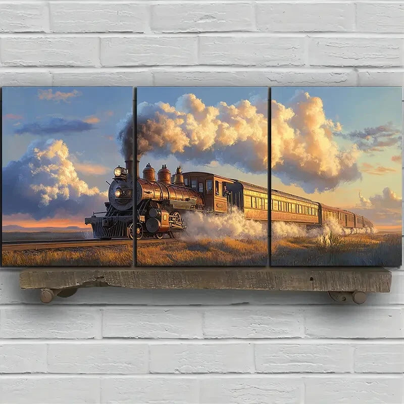 3pcs Freight Train Smoke Capped Metal Print Ready to Hang Art