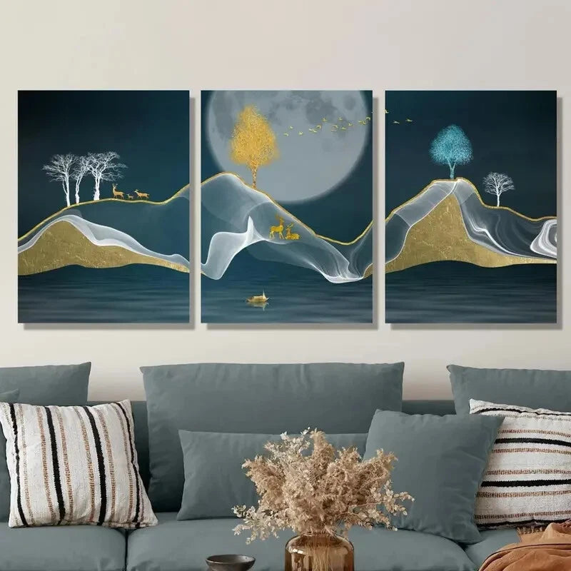 3pcs Light Luxury Theme with Deer, Birds, Elk, Metal Print Ready to Hang Art