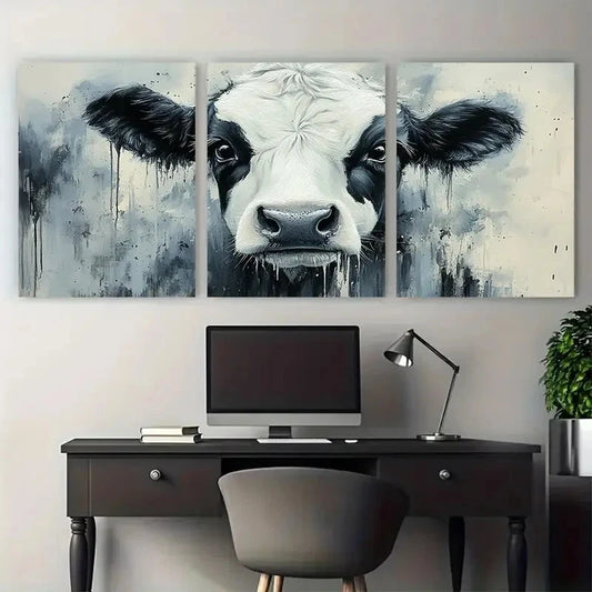 3pcs Black and White Cow Watercolor Design Wall Art Set Canvas Framed 40x60cm - High Quality Print 100% Australian Made Wall Canvas Ready to Hang