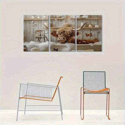 3pcs Highland Cow Relaxing in Bubble Bath Metal Print Ready to Hang Art