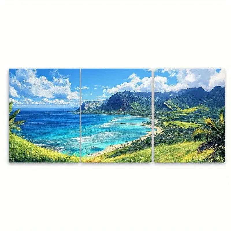 3pcs Oahu Beach & Mountain View Vibrant Blue Ocean Metal Print Ready to Hang Art