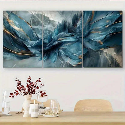 3pcs Elegant Blue and Golden Feather Painting Metal Print Ready to Hang Art
