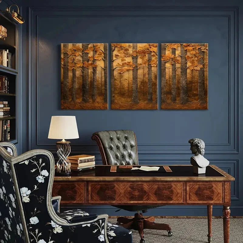 3pcs Autumn Forest Landscape Warm Tones Metal Print Ready to Hang Art