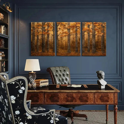 3pcs Autumn Forest Landscape Warm Tones Metal Print Ready to Hang Art