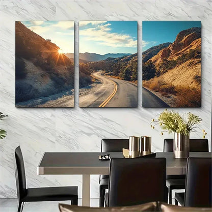 3pcs Vibrant Canyon & Sunset Roadway Design Metal Print Ready to Hang Art
