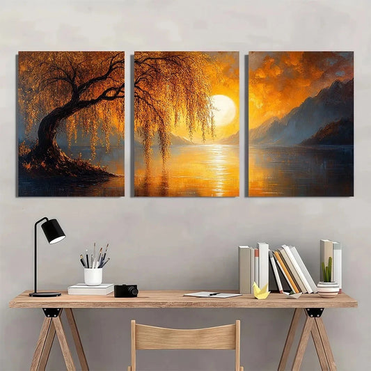 3pcs Painting Weeping Willow Charming Wall Art Set Canvas Framed 60x90cm - High Quality Print 100% Australian Made Wall Canvas Ready to Hang