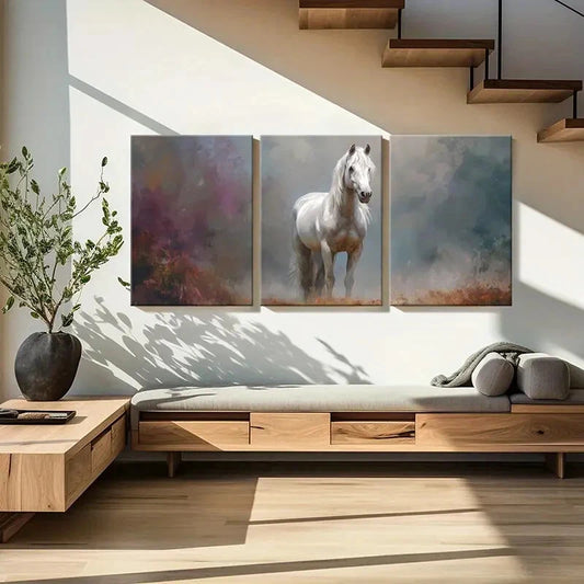 3pcs White Horse Artwork Abstract Painting Metal Print Ready to Hang Art