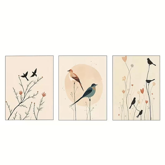 3pcs Three Minimalist Boho Birds Art Panels  Wall Art Set Canvas Framed 60x90cm - High Quality Print 100% Australian Made Wall Canvas Ready to Hang