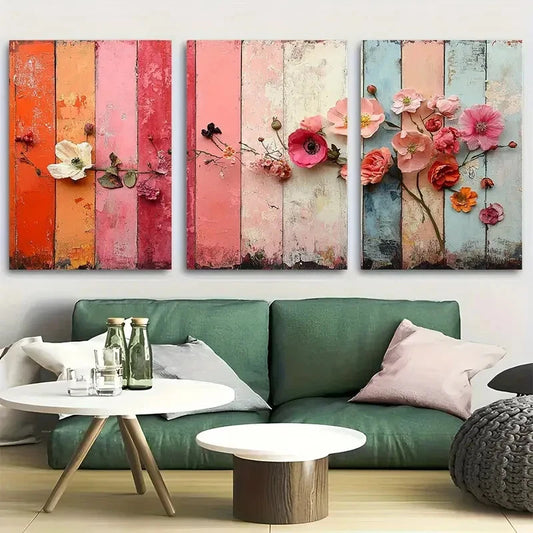 3pcs Rustic Cottagecore in Pink and Peach Hues Metal Print Ready to Hang Art