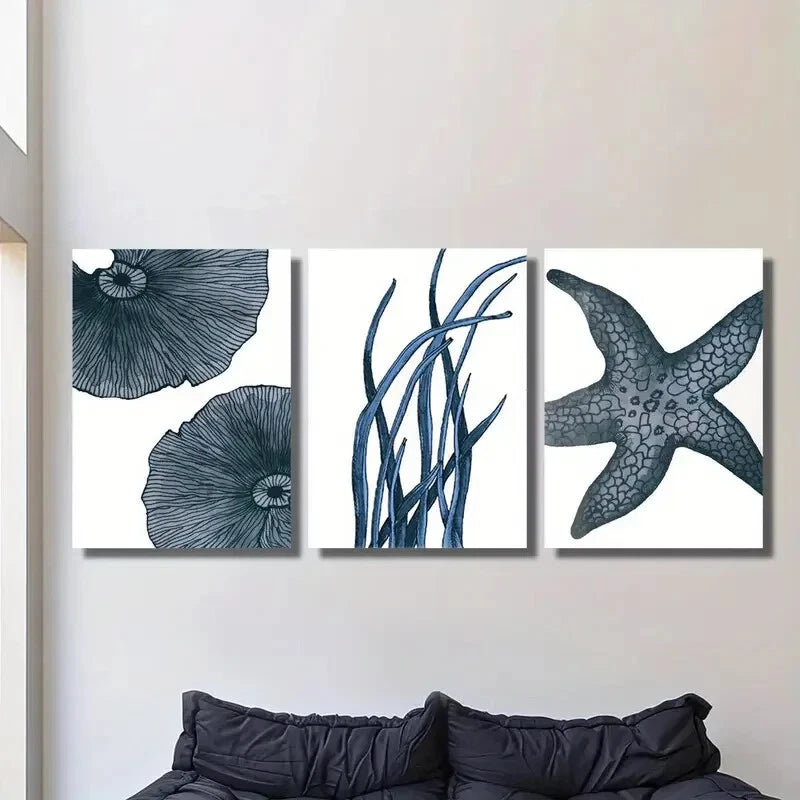 3pcs Seaweed Starfish & Shell Designs Metal Print Ready to Hang Art