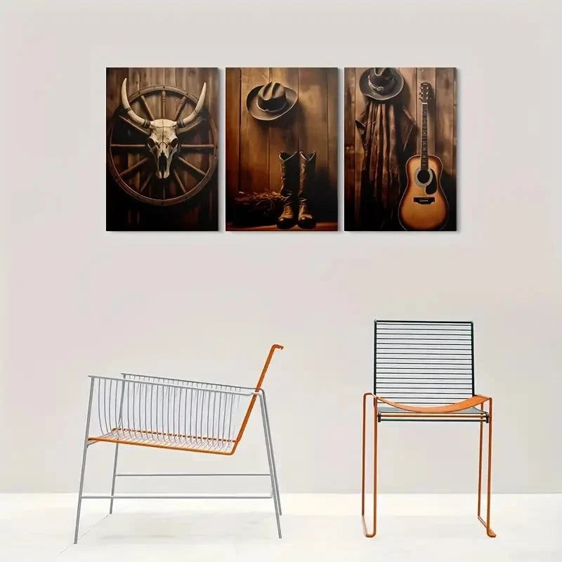 3pcs Hat Boots Guitar and Bull Metal Print Ready to Hang Art