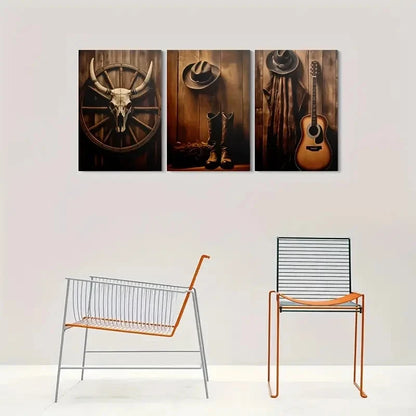 3pcs Hat Boots Guitar and Bull Metal Print Ready to Hang Art