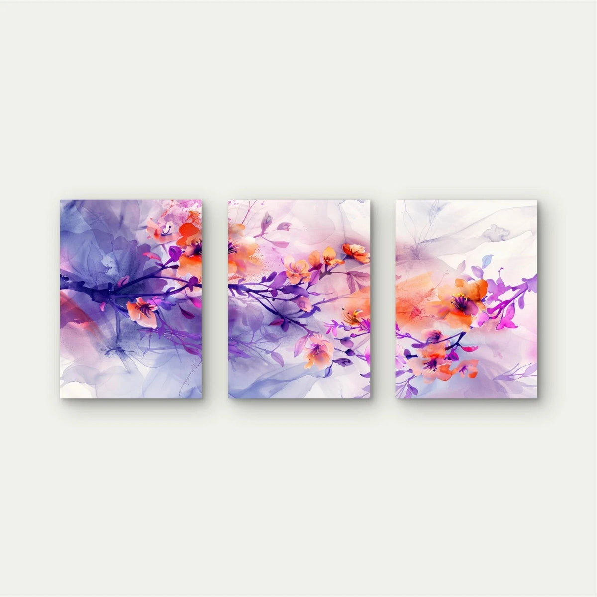 3pcs Vibrant Purple Orange Watercolor Floral Wall Art Set Canvas Framed 50x70cm - High Quality Print 100% Australian Made Wall Canvas Ready to Hang