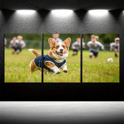 3pcs Dog in School Uniform Playing Football Metal Print Ready to Hang Art
