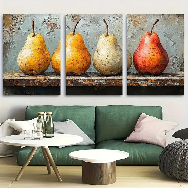 3pcs Golden Pear Fruit Still Life Metal Print Ready to Hang Art