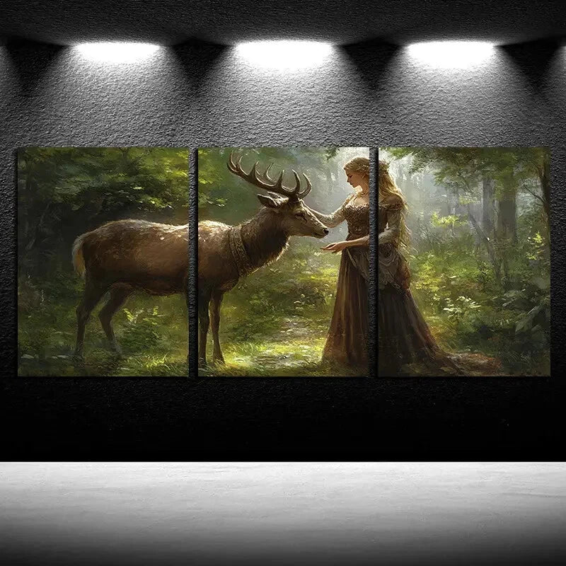 3pcs Girl holding a Deer in the Forest Metal Print Ready to Hang Art