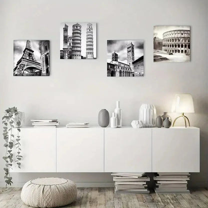 4pcsVintage Black And White European Landmark Wall Art Canvas Framed
