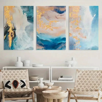 3pcs Teal Abstract Set with Golden Marble Accents Metal Print Ready to Hang Art