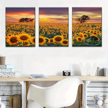 3pcs Sunflower Field Sunset Décor Perfect Wall Art Set Canvas Framed 40x60cm - High Quality Print 100% Australian Made Wall Canvas Ready to Hang
