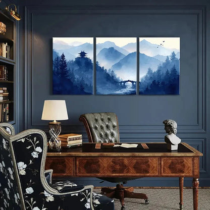 3pcs Mountain Landscape Ancient Temple Bridge Metal Print Ready to Hang Art