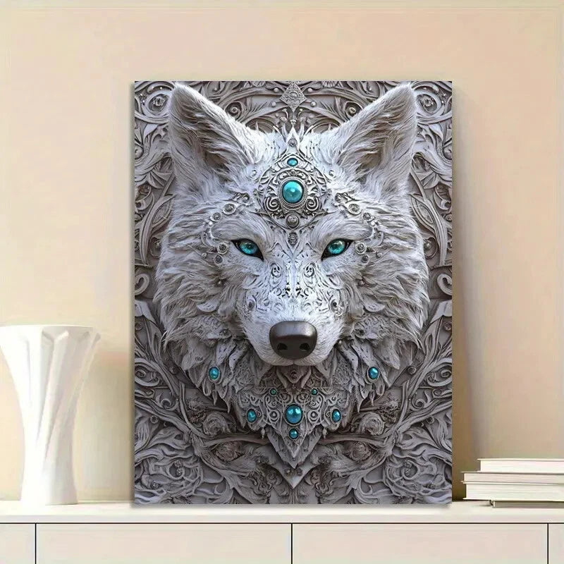 Wolf Face with Glowing Turquoise Eyes Painting  40x60cm Metal Print Ready to Hang