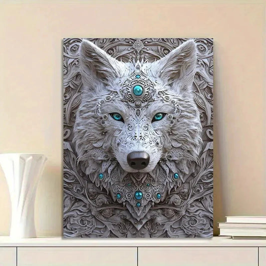 Wolf Face with Glowing Turquoise Eyes Painting  40x60cm Metal Print Ready to Hang