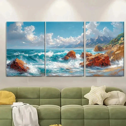 3pcs Rocky Turquoise Seascape DF  Wall Art Set Canvas Framed 50x70cm - High Quality Print 100% Australian Made Wall Canvas Ready to Hang