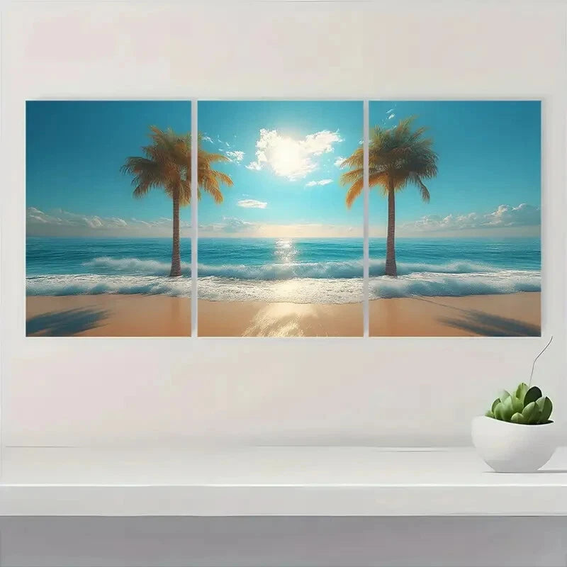 3pcs Tropical Beach Palm Trees & Ocean Landscape Metal Print Ready to Hang Art