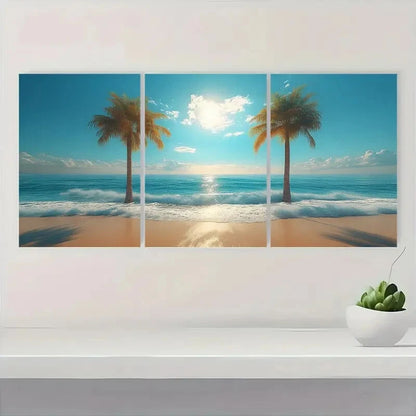 3pcs Tropical Beach Palm Trees & Ocean Landscape Metal Print Ready to Hang Art