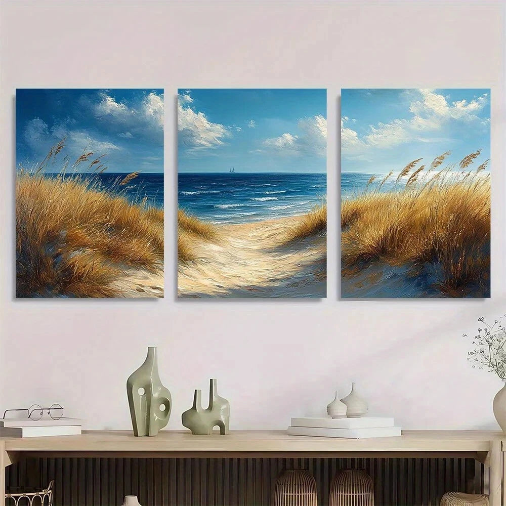 3pcs Serene Seaside Blue Sky White Clouds Metal Print Ready to Hang Art