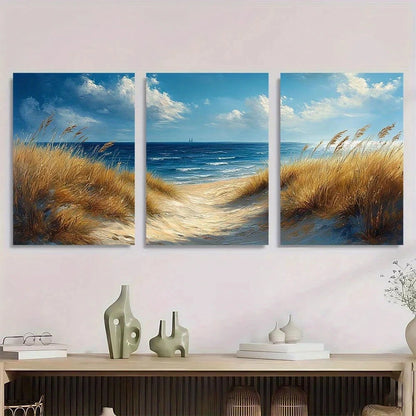 3pcs Serene Seaside Blue Sky White Clouds Metal Print Ready to Hang Art