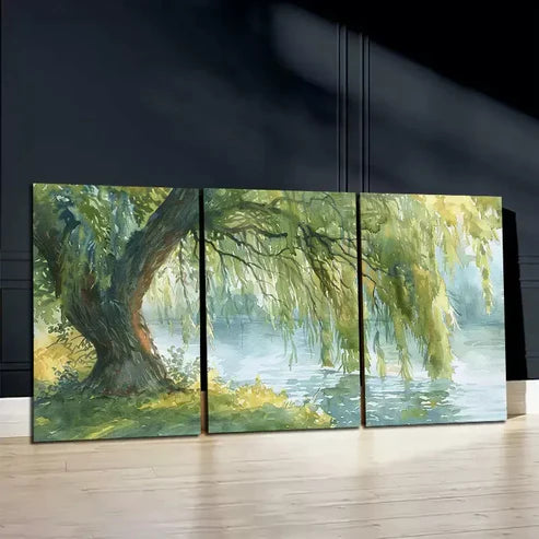 3pcs Willow Tree & Lake Oil Painting Canvas Framed 60X90cm - High Quality Print 100% Australian Made Wall Canvas Ready to Hang