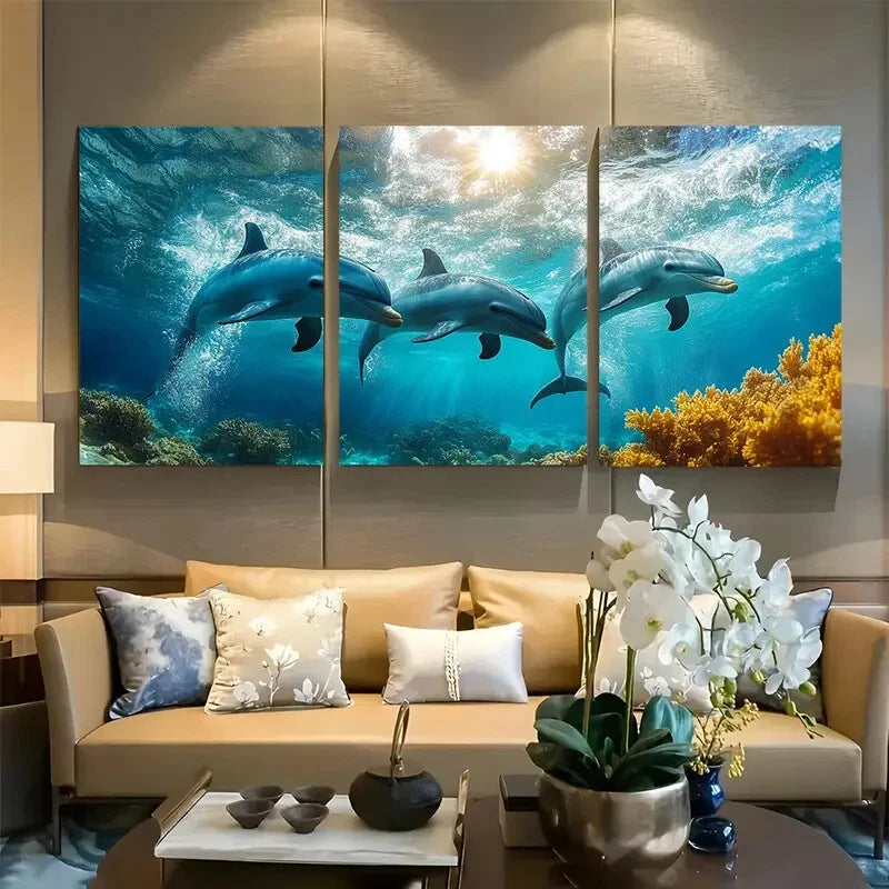 3pcs Nautical & Tropical Hawaiian Dolphins Design Metal Print Ready to Hang Art