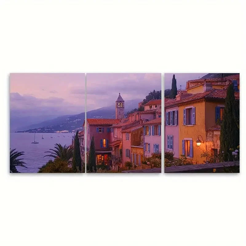 3pcs Mediterranean Coastal Village at Dawn Metal Print Ready to Hang Art