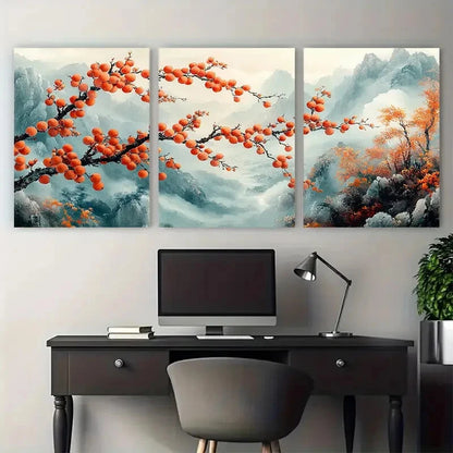 3pcs Elegant Persimmon Branch Traditional Chinese Metal Print Ready to Hang Art