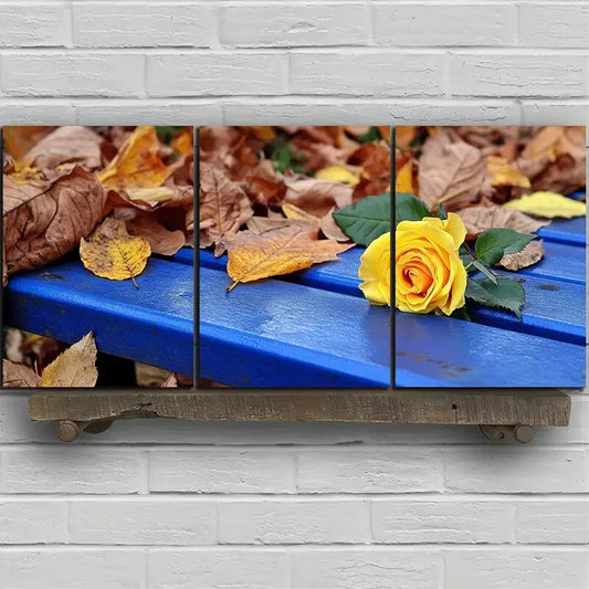 3pcs Yellow Rose on the Bench Metal Print Ready to Hang Art