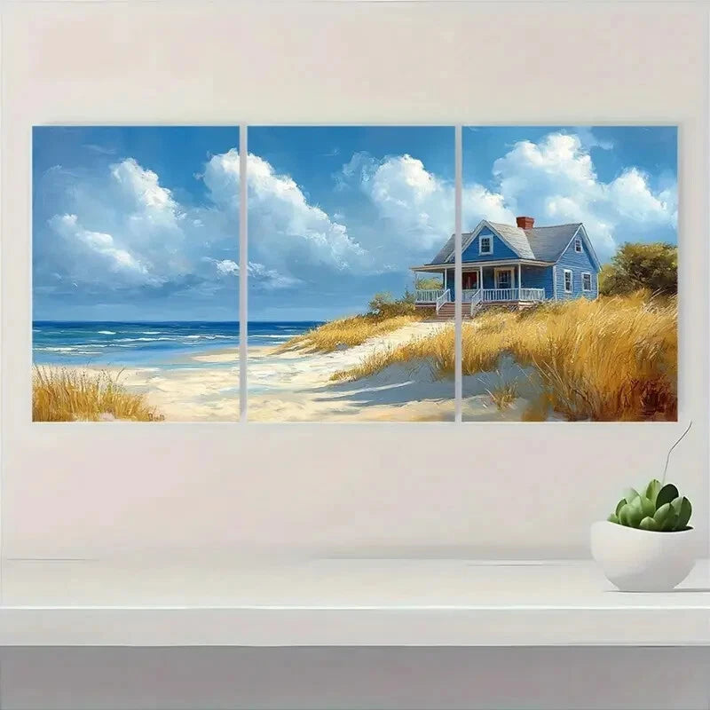 3pcs Beach House Watercolor Seaside Scene Metal Print Ready to Hang Art