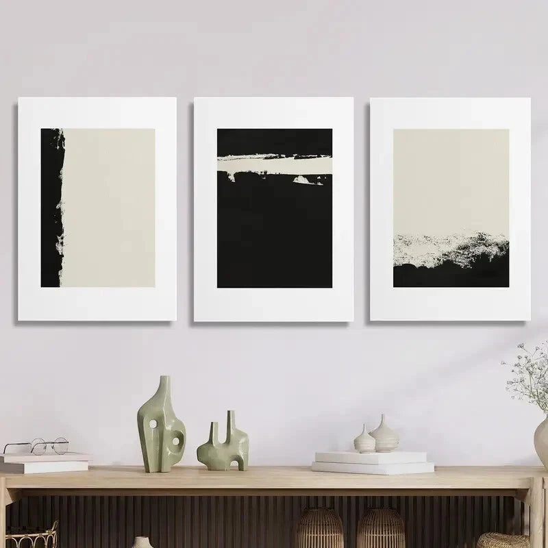 3pcs White modern black and beige Metal Print Ready to Hang Art