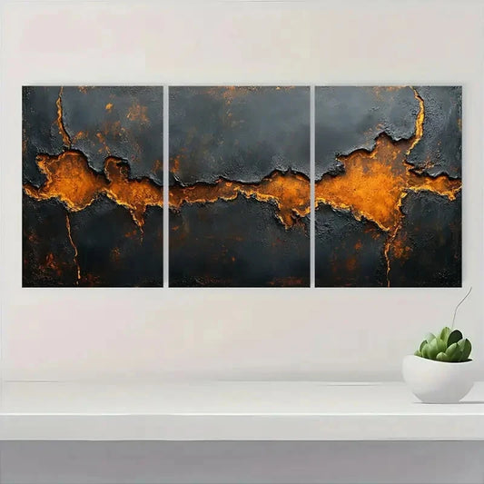 3pcs Minimalist Brown and Black Textured Metal Print Ready to Hang Art