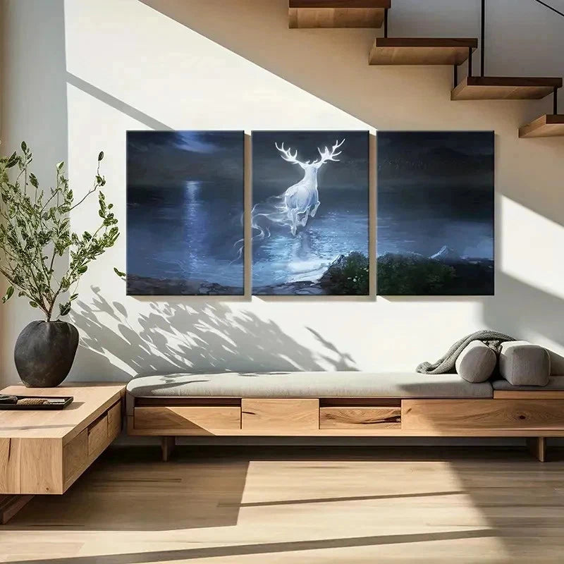 3pcs Enchanted Forest Scene with Glowing Deer Wall Art Set Canvas Framed 40x60cm - High Quality Print 100% Australian Made Wall Canvas Ready to Hang
