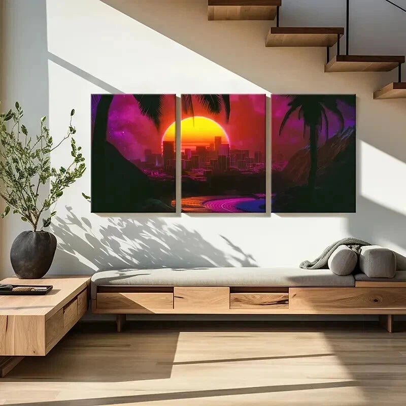 3pcs Sunset Cityscape Vaporwave Aesthetic Wall Art Set Canvas Framed 40x60cm - High Quality Print 100% Australian Made Wall Canvas Ready to Hang