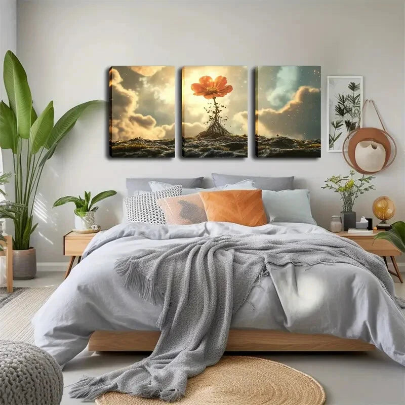 3pcs Vibrant Orange Flower On Rocks Perfect Wall Art Set Canvas Framed 40x60cm - High Quality Print 100% Australian Made Wall Canvas Ready to Hang