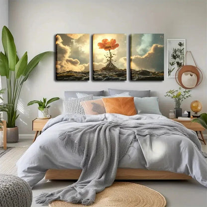 3pcs Vibrant Orange Flower On Rocks Perfect Wall Art Set Canvas Framed 40x60cm - High Quality Print 100% Australian Made Wall Canvas Ready to Hang