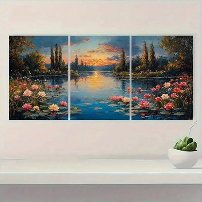 3pcs Serene Garden Scene with Lilies & Sunset Metal Print Ready to Hang Art