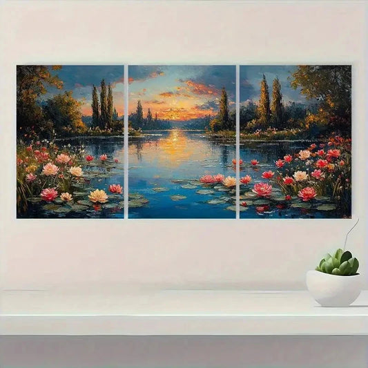 3pcs Serene Garden Scene with Lilies & Sunset Metal Print Ready to Hang Art