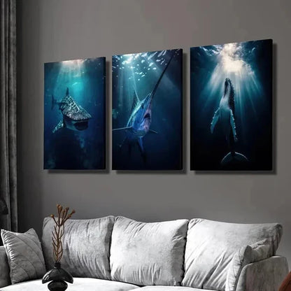 3pcs Whale Shark Swordfish Blue Whale Aquatic Wall Art Set Canvas Unframed - High Quality Print 100% Australian Made Wall Canvas