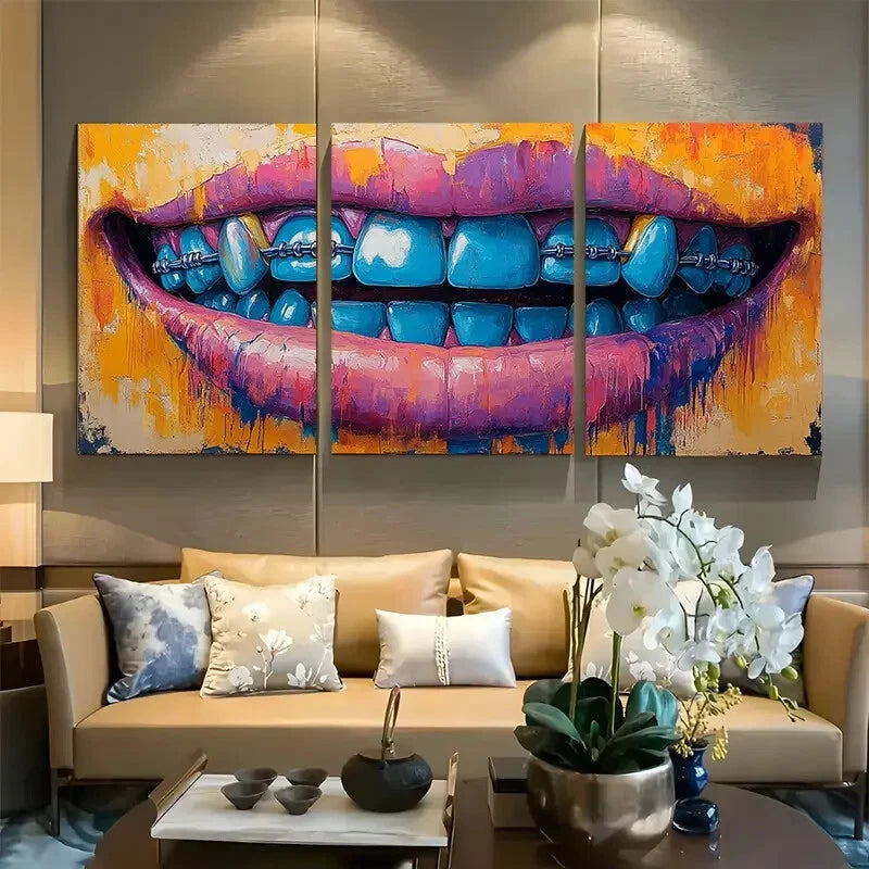 3pcs Colorful Abstract Smile Braces Design Metal Print Ready to Hang Art