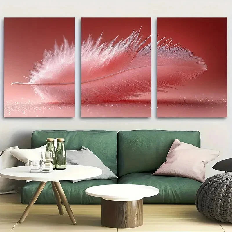 3pcs Feather Light Pink Abstract Decor Metal Print Ready to Hang Art