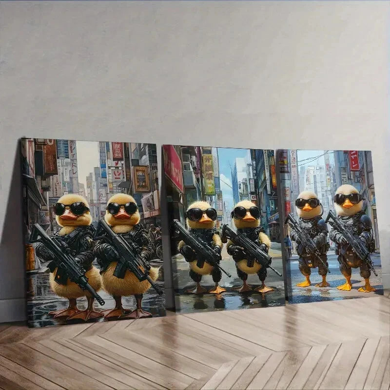 3pcs  Two cute baby ducks in cyberpunk armor Wall Art Set Canvas Framed 40x60cm - High Quality Print 100% Australian Made Wall Canvas Ready to Hang