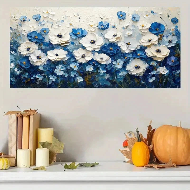 White & Blue Abstract Floral Wall Art Canvas Office Home Room Framed 120x60cm